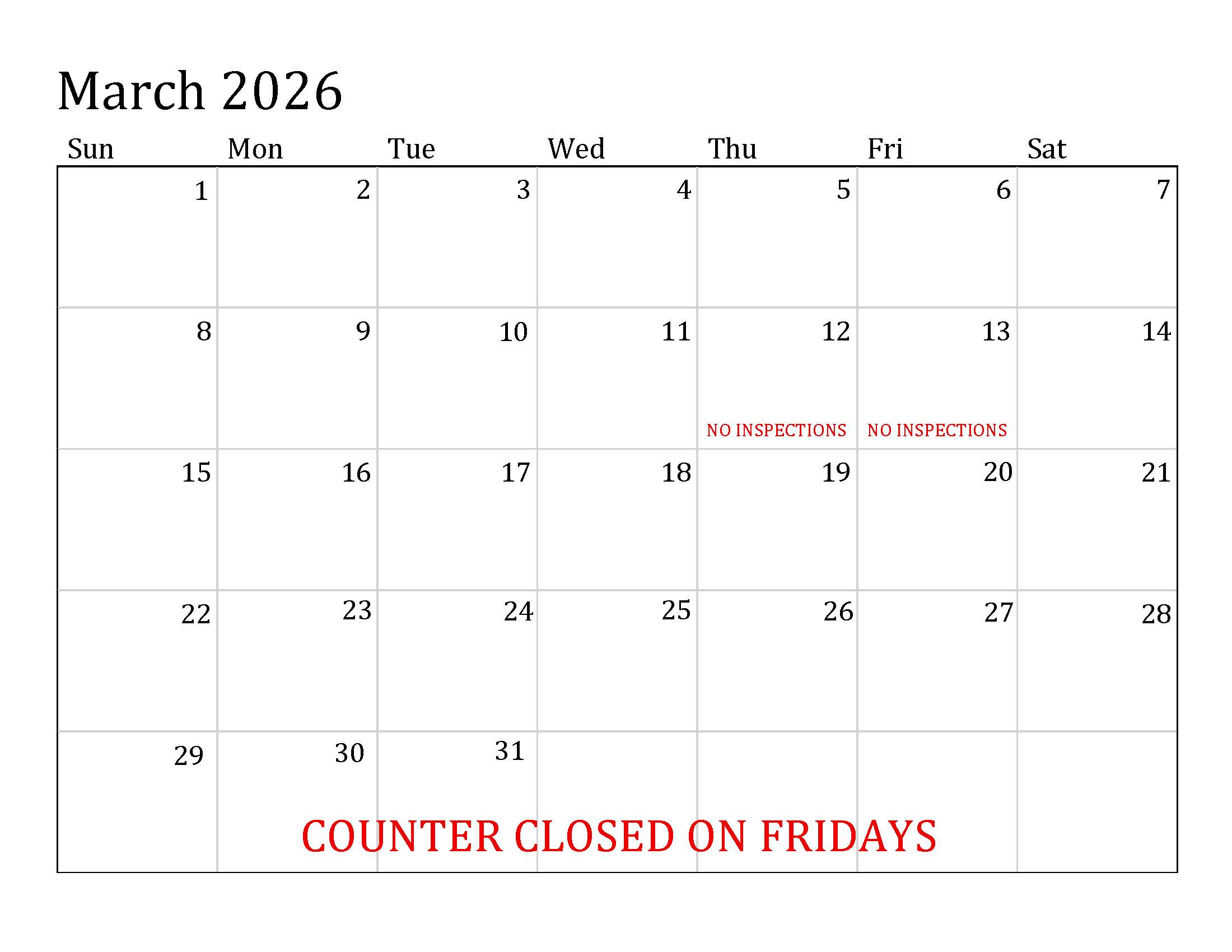 Building Division Calendar - March 2026